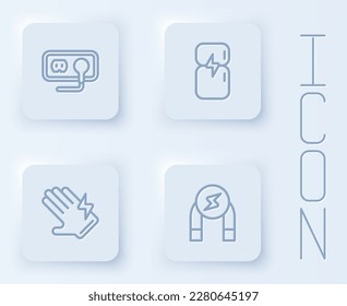 Set line Electrical outlet, Refrigerator, glove and Magnet. White square button. Vector