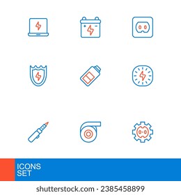 Ajuste la línea Salida eléctrica, cinta adhesiva para rollos, hierro de soldadura, perno relámpago y protección, carga de la batería e icono de la batería del coche. Vector