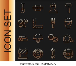 Set line Electrical outlet, Roulette construction, Worker safety helmet, Corner ruler, Hammer and wrench spanner, Shovel and Paint brush icon. Vector