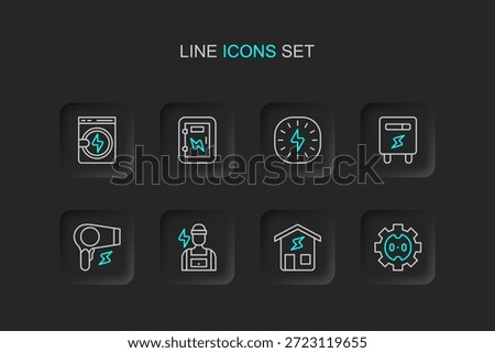 Set line Electrical outlet, Smart home, Electrician, Hair dryer, meter, Lightning bolt, panel and Washer icon. Vector