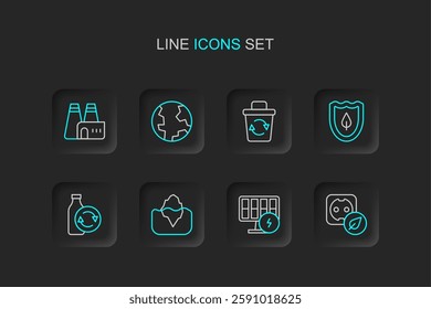 Set line Electrical outlet, Solar energy panel, Iceberg, Recycling plastic bottle, Shield with leaf, Recycle bin, Earth globe and Factory production icon. Vector