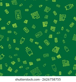 Set line Electrical outlet, Suitcase and Vintage locomotive on seamless pattern. Vector