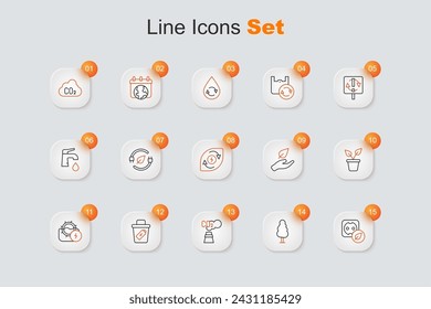 Set line Electrical outlet, Tree, CO2 emissions in cloud, Trash can, Water mill, Plant pot, Leaf hand and energy icon. Vector