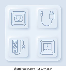 Set line Electrical outlet in the USA, Charger, Electric extension cord and Electrical outlet. White square button. Vector