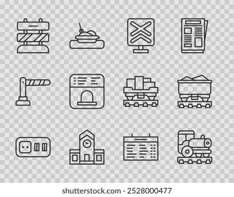 Set line Toma de corriente eléctrica, locomotora Antiguas, Cruce de ferrocarril, Estación de ferrocarril, Fin de las Pistas ferroviarias, Taquilla para comprar billetes, Tablero de tren e ícono de vagón de carbón. Vector