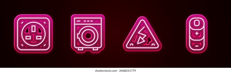 Línea de ajuste Salida eléctrica, lavadora, alta tensión y Recargo de batería. Icono de neón brillante. Vector