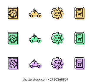 Set line Toma de corriente eléctrica, lavadora, coche e icono de panel. Vector