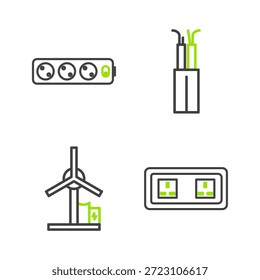 Set Line Elektrische Steckdose, Windturbine, Kabel und Verlängerungskabel Symbol. Vektorgrafik