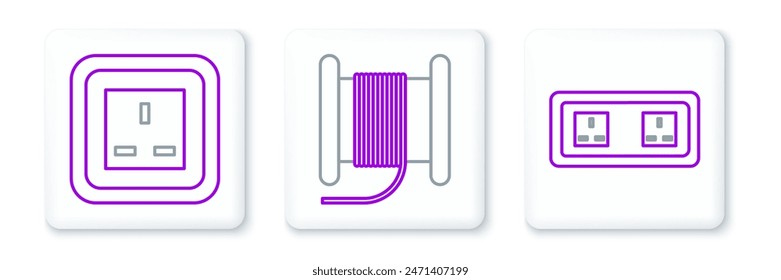Set line Electrical outlet,  and Wire electric cable on reel or drum icon. Vector