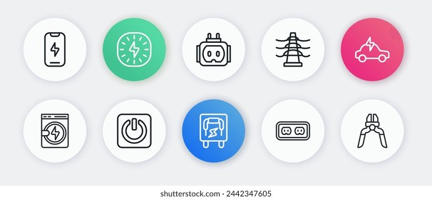Set line Electrical panel, car, Washer, outlet, tower line, Tee plug electric, Pliers tool and Power button icon. Vector