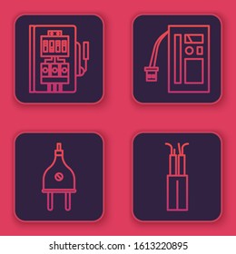 Set line Electrical panel, Electric plug, Battery and Electric cable. Blue square button. Vector