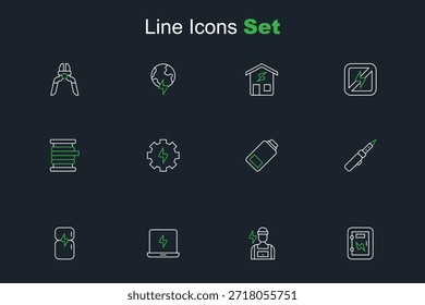 Set line Panel eléctrico, Electricista, Portátil, Refrigerador, Soldador, Recargo de batería, Engranaje y relámpago e ícono de cable eléctrico. Vector