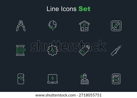 Set line Electrical panel, Electrician, Laptop, Refrigerator, Soldering iron, Battery charge, Gear and lightning and Wire electric cable reel icon. Vector