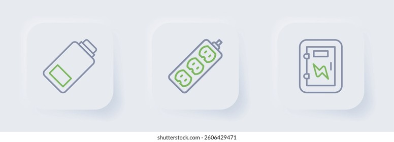 Set line Electrical panel, extension and Battery charge icon. Vector