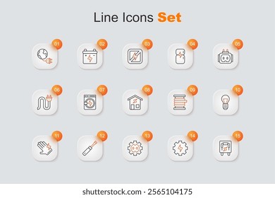 Set line Electrical panel, Gear and lightning, outlet, Screwdriver, glove, Creative lamp idea, Wire electric cable on reel and Smart home icon. Vector