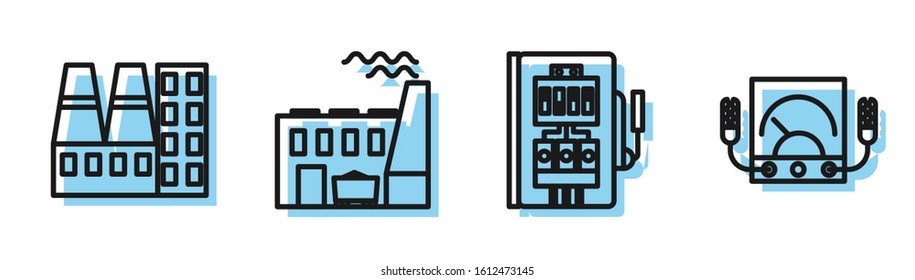 Set line Electrical panel, Power station plant and factory, Coal power plant and factory and Ampere meter, multimeter, voltmeter icon. Vector