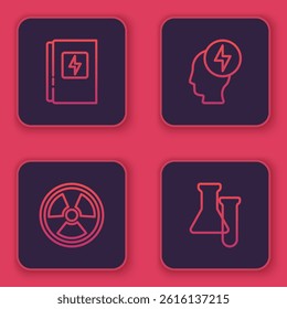 Set line Electrical panel, Radioactive, Head and electric symbol and Test tube flask. Blue square button. Vector