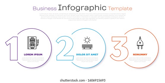 Set line Electrical panel, Solar energy panel and sun and Electric plug. Business infographic template. Vector