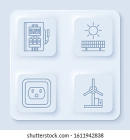 Set line Electrical panel, Solar energy panel and sun, Electrical outlet in the USA and Wind turbine. White square button. Vector