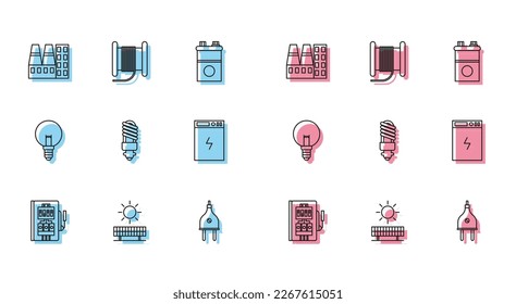 Set line Electrical panel, Solar energy and sun, Power station plant factory, plug, LED light bulb, bank, Light and Wire electric cable reel drum icon. Vector