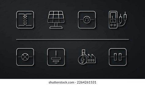 Set line Electrical transformer, Lamp in electronic circuit, Ampere meter, multimeter, Nuclear power plant, symbol ground, Solar energy panel, Electrolytic capacitor and Ohmmeter icon. Vector