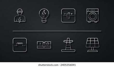 Ajuste la línea Electricista, Inductor en circuito electrónico, Washer, línea de torre, interruptor de luz, idea de lámpara creativa, panel de energía solar e icono de fuente de voltaje de CC. Vector