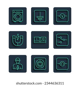 Set line Electrician, Power button, Ohmmeter, Voltmeter, light switch, Magnet, Washer and Switch in electronic circuit icon. Vector