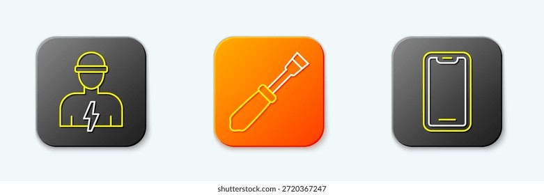 Set line Electrician, Screwdriver and Mobile phone icon. Vector