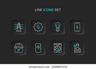 Set line Electrician, Washer, Refrigerator, Toolbox electrician, Mobile phone, Creative lamp light idea, Gear and lightning and tower line icon. Vector