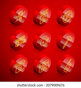 Set line Electricity spark, Matchbox and matches, No fire, Fire truck, Ringing alarm bell, Firefighter axe, Telephone call 911 and system icon. Vector