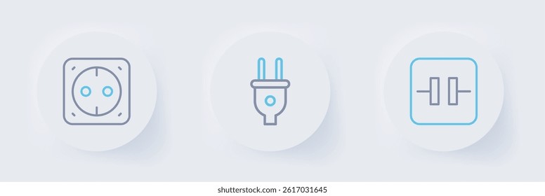 Set line Electrolytic capacitor, Electric plug and Electrical outlet icon. Vector