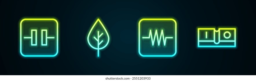 Set line Electrolytic capacitor, Leaf Eco symbol, Resistor in electronic circuit and Electric light switch. Glowing neon icon. Vector
