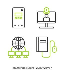 Línea Libro electrónico con ratón, red de computadoras, videoconferencia e icono de teléfono móvil. Vector