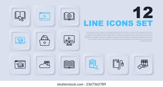 Set line Electronic book with mouse, Book donation, Student working laptop, Online quiz, test, survey, Graduation cap, Cloud online library, play video and Open icon. Vector