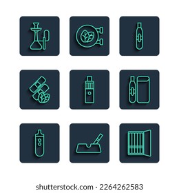 Set line Electronic cigarette, Ashtray with, Cigarette case, Vape mod device, Medical nicotine patches, Hookah and  icon. Vector