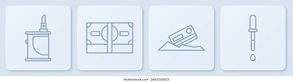 Set line Cigarro eletrônico, cocaína e cartão de crédito, Pilhas dinheiro papel e Pipette. Botão quadrado branco. Vetor