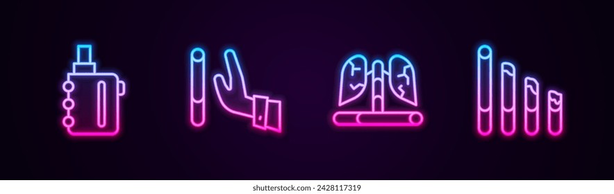 Set line Electronic cigarette, Giving up, Disease lungs and Smoking. Glowing neon icon. Vector