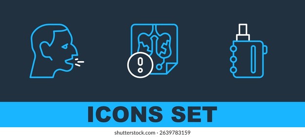 Set line Electronic cigarette, Man coughing and Disease lungs icon. Vector