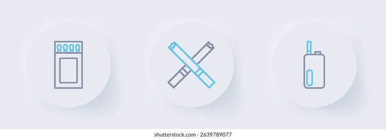 Set line Electronic cigarette, Cigarette and Matchbox and matches icon. Vector