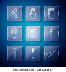 Set line Electronic cigarette, No pipe smoking, Matchbox and matches, Cigar, Tobacco leaf, Medical nicotine patches and Marijuana joint, spliff icon. Vector