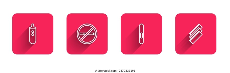 Set line Electronic cigarette, No smoking, Cigar and Cigarette rolling papers with long shadow. Red square button. Vector