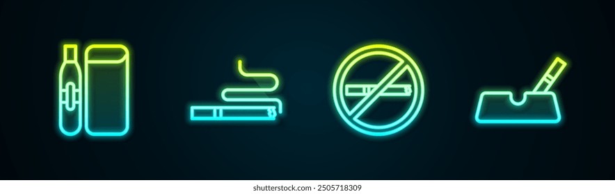 Set line Electronic cigarette, Cigarette, No smoking and Ashtray with. Glowing neon icon. Vector