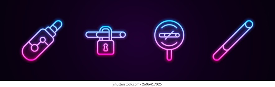Set line Electronic cigarette, No smoking,  and Cigarette. Glowing neon icon. Vector