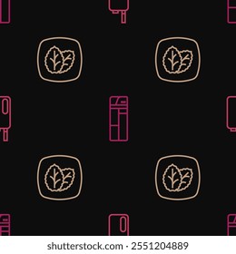 Set line Electronic cigarette, Tobacco leaf and Lighter on seamless pattern. Vector