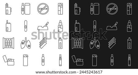 Set line Electronic cigarette, Vape liquid bottle, No smoking, Cigar, mod device and Ashtray with icon. Vector