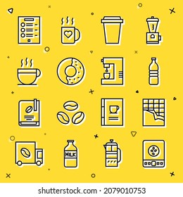 Set line Electronic coffee scales, Chocolate bar, Bottle water, Coffee cup to go, Donut with sweet glaze, menu and machine icon. Vector