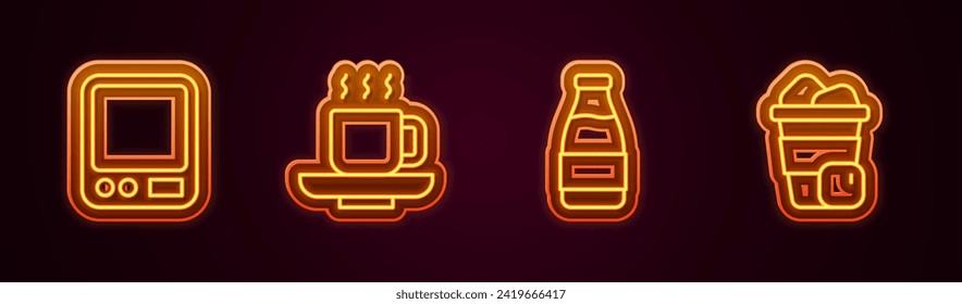Set line Electronic coffee scales, Coffee cup, Milk bottle and Iced. Glowing neon icon. Vector