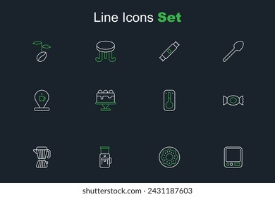 Set line Elektronische Kaffeeskala, Donut, elektrische Mahlmaschine, Kaffeemaschine Moca-Topf, Süßigkeiten, Thermometer, Kuchen und Lage mit Tasse-Ikone. Vektor