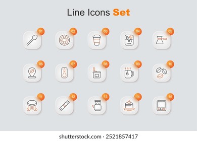 Set line Electronic coffee scales, Piece cake, Kettle with handle, Sugar stick packets, Coffee table, beans, Cup tea bag and Manual grinder icon. Vector