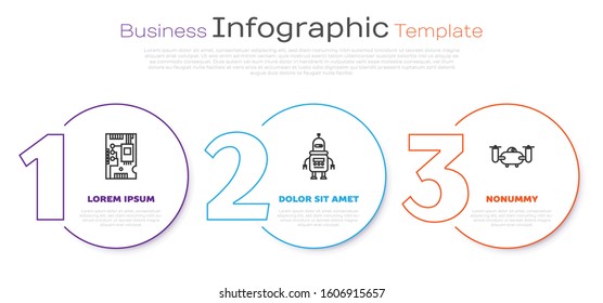 Set line Electronic computer components motherboard digital chip, Robot and Drone flying with action camera. Business infographic template. Vector